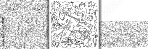 Garden print and seamless border and pattern set