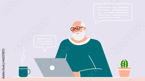 Senior man studies and teaches modern technologies using a laptop. A positively smiling grandfather sits at a computer, communicates on the Internet and learns new things. The adult works. Vector.