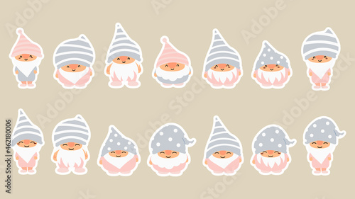 Little garden cute gnomes and elves in cartoon style. Characteristic fairies for children and kids. Kawaii gnome and magic elf design. Vector illustration.