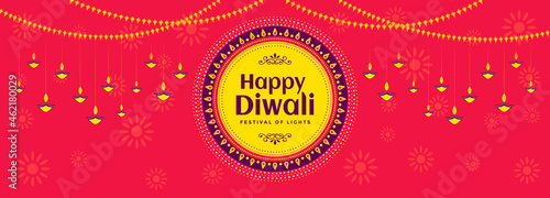 Happy Diwali festival banner design with decoration of hanging illuminated oil lamps and lights on beautiful pinkish red background for Diwali Celebration.