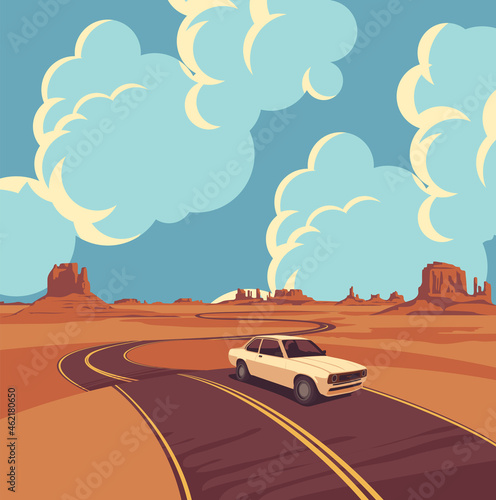 Western landscape with deserted valley, rocks, cumulus clouds in blue sky, winding road and single passing white car. Decorative illustration of Wild West prairie. Vector background