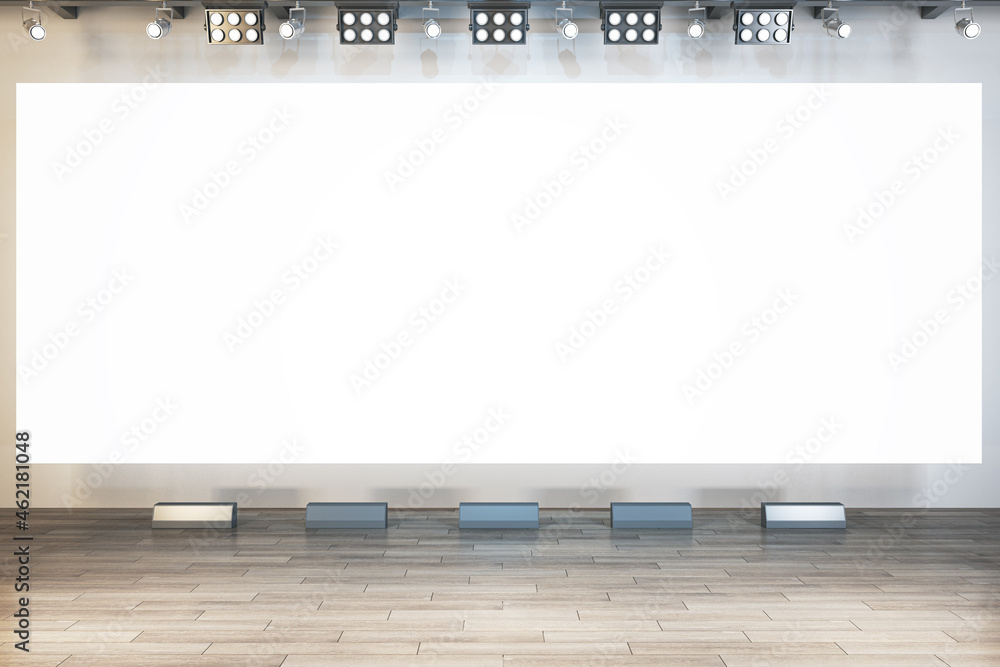 Blank white rectangular screen in interior with wooden flooring. Presentation, movie theater and announcement concept. Mock up, 3D Rendering. Blank white rectangular screen in interior with wooden flooring. Presentation, movie theater and announcement concept. Mock up, 3D Rendering.