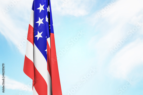 Creative blurry folded american flag on sky and clouds backdrop with mock up place. National freedom, celebration, independence and holiday concept. 3D Rendering.