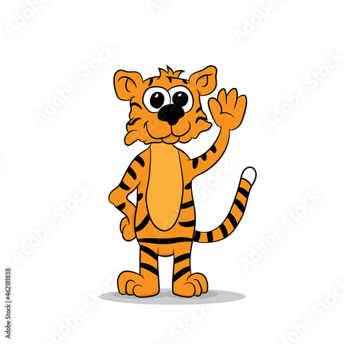 Fototapeta Naklejka Na Ścianę i Meble -  Cute cartoon tiger with a waving hand on a white background, vector illustration