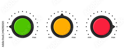 Volume buttons set, red, yellow, green isolated on white background. Volume knob level icons. Volume buttons, sound control, music knob with scale. Vector illustration. Flat style. EPS 10