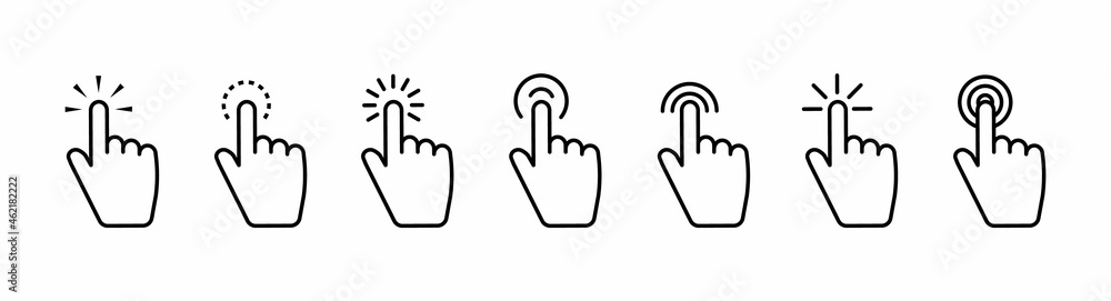 Set of Hand pointer symbol in thin line style. Computer mouse click cursor in white background. Clicking finger. Click cursor collection. Hand pointer icon. Touch gesture icon. Vector Set of Hand pointer symbol in thin line style. Computer mouse click cursor in white background. Clicking finger. Click cursor collection. Hand pointer icon. Touch gesture icon. Vector