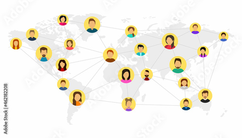 Community network around the world. Social networks, people connecting all over the world. Round portraits of people connected with each other dotted line on map. International business team.