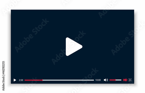 Black and white video player template with shadow on white background. Mockup video channel. Flat media player for mobile apps, websites. Video content, blogging. Vector illustration.