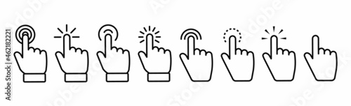 Set of Hand pointer symbol in thin line style. Computer mouse click cursor in white background. Clicking finger. Click cursor collection. Hand pointer icon. Touch gesture icon. Vector