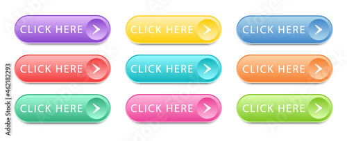 Set of colored buttons Click Here isolated on white background. Click here vector web button. UI button concept. Call to Action Button. Vector illustration