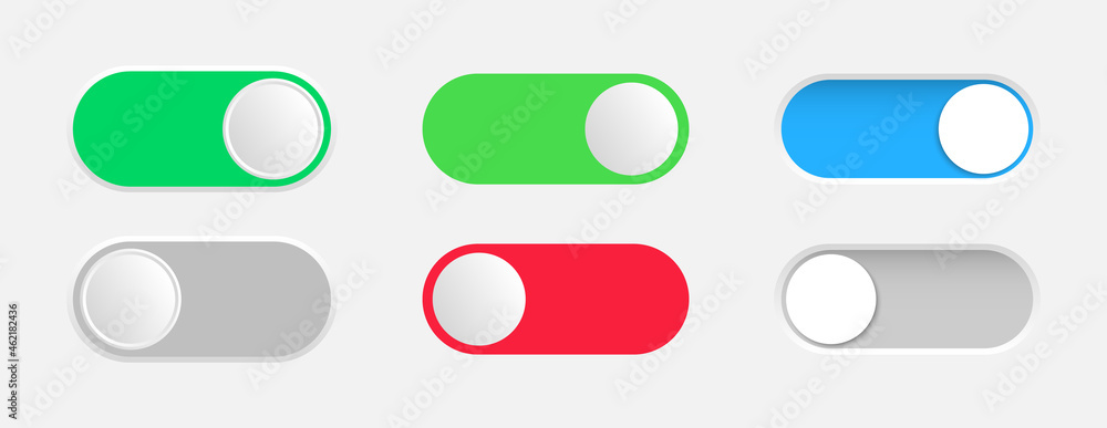 On and Off toggle switches. Collection of slider buttons. Buttons Toggle for user interface. Button mockup for modern devices. Vector illustration. On and Off toggle switches. Collection of slider buttons. Buttons Toggle for user interface. Button mockup for modern devices. Vector illustration.