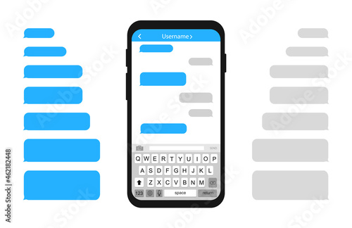 Smart Phone with message bubbles. Chatting sms template. Phone and speech bubbles in blue colour. Messenger mockup. Modern chat for mobile phone. Vector illustration.