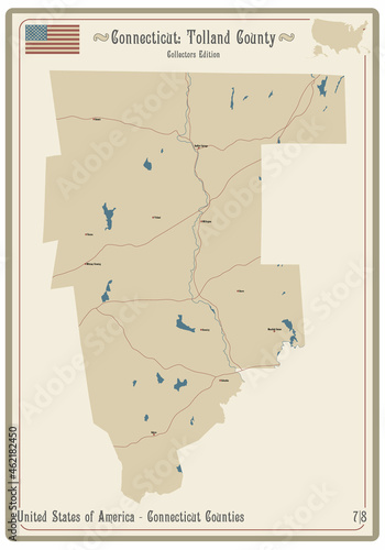 Map on an old playing card of Tolland county in Connecticut, USA. photo