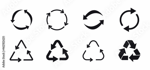 Recycle icons set. Recycling and rotation arrow symbols. Reuse signs. Ecology, cleanliness and recycling symbol. Bio recycling. Vector illustration. photo