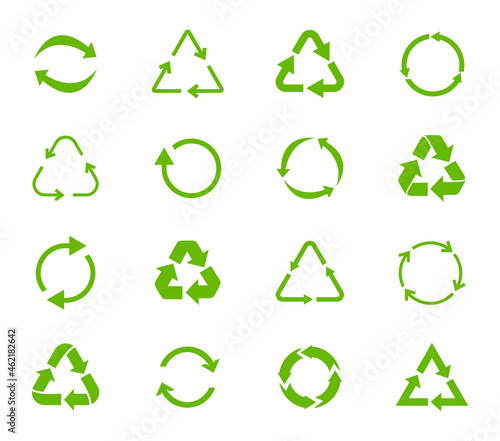 Recycle icons set. Recycling and rotation arrow symbols. Reuse signs. Ecology, cleanliness and recycling symbol. Bio recycling. Vector illustration.