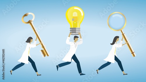Scientists, doctors running with conceptual objects. Collection or banner. Vector illustration. Dimension 16:9. Objects is easy to pick if you want to use them separate. EPS10.