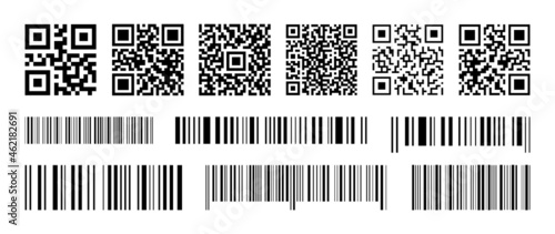 Set of barcodes and QR codes. Code information. Industrial barcodes. Price tag for laser scanning. Sale product information. Vector photo