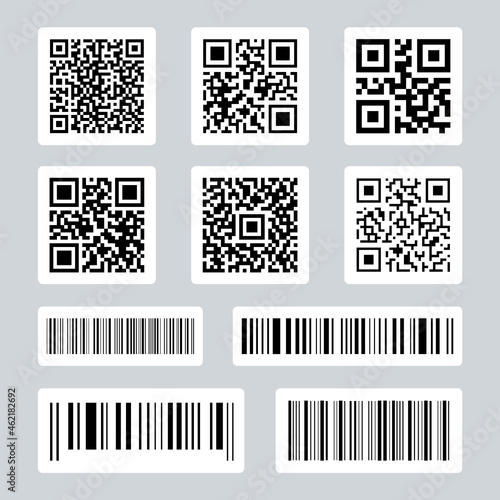 Set of barcodes and QR codes. Code information. Industrial barcodes. Price tag for laser scanning. Sale product information. Vector