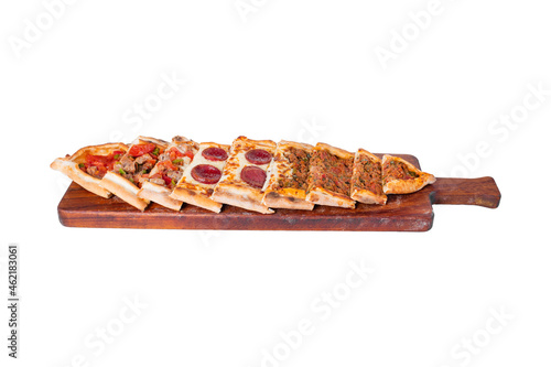Pide, karisik pide, mixed pita. Turkish pide with sucuk sausage, meat and cheese. Turkish pizza. mixed pita. Pide on white background. pita photo