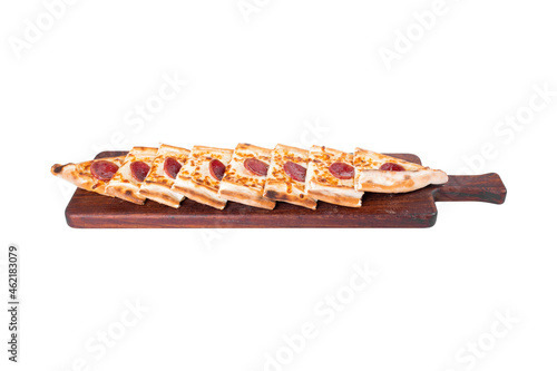 Pide, sucuklu pide. Turkish pide with sausage. Turkish pizza sausage pita Pide on white background. pita