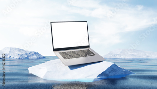 Modern Slim Laptop on Iceberg Landscape in the Ocean. photo