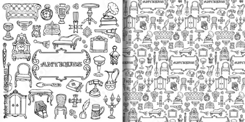 Antiques doodle set and seamless pattern