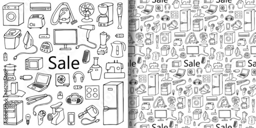 Sale household appliances set and seamless pattern