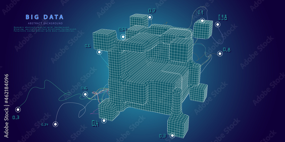 Abstract background with chaotic  lines connecting dots with wireframe cube. Analytics algorithms data. Quantum cryptography concept. Big data. Banner for business, science and technology. Big data.