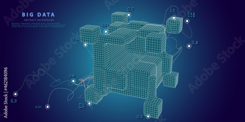 Abstract background with chaotic  lines connecting dots with wireframe cube. Analytics algorithms data. Quantum cryptography concept. Big data. Banner for business, science and technology. Big data.