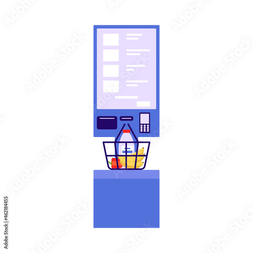 Self checkout shop. Paying for products at electronic device. Self-service on terminal with scanner. Cash machine with monitor. Vector flat illustration