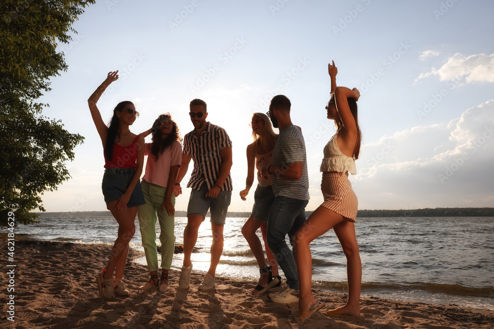 Group of friends having fun near river at summer party Group of friends having fun near river at summer party