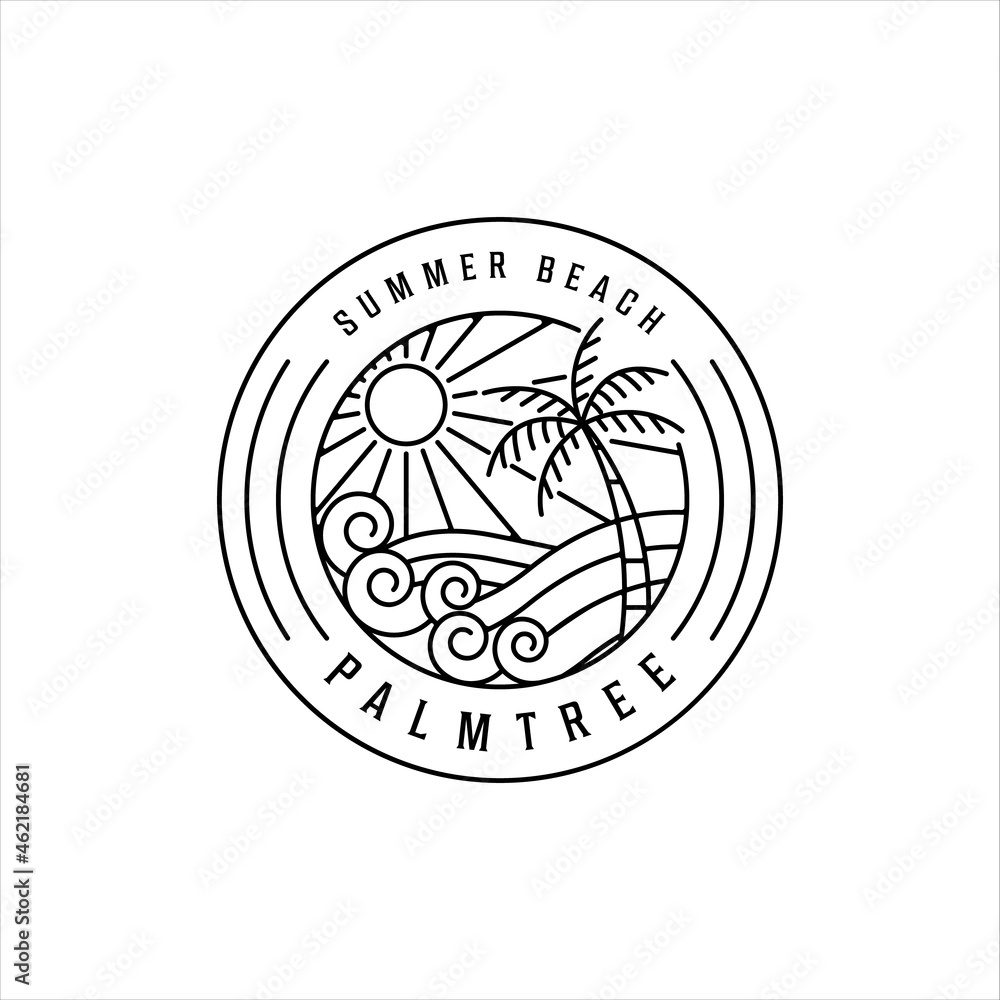 tropical island line art logo minimalist simple vector illustration template icon design. palm tree and summer beach wave linear concept with circle badge typography tropical island line art logo minimalist simple vector illustration template icon design. palm tree and summer beach wave linear concept with circle badge typography