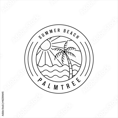 tropical island line art logo minimalist simple vector illustration template icon design. palm and summer beach linear concept with circle badge typography