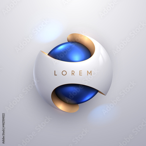 Fototapete Abstract blue, gold and white sphere on white background