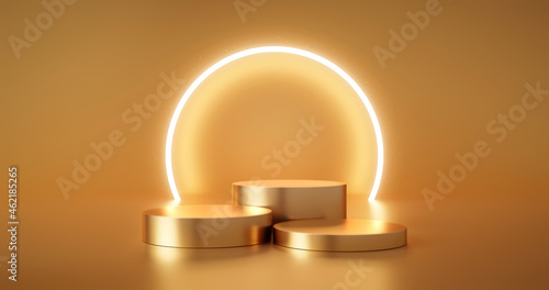 Gold podium product advertising stage background platform or empty luxury pedestal exhibition scene and blank template design stand on golden presentation studio display backdrop showcase. 3D render.