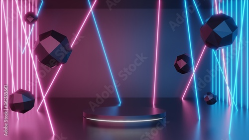 3d geometric shape form rendering in minimal scene podium showcase, shop front, display mockup case and stage for cosmetic premium product presentation placement with empty blank space.