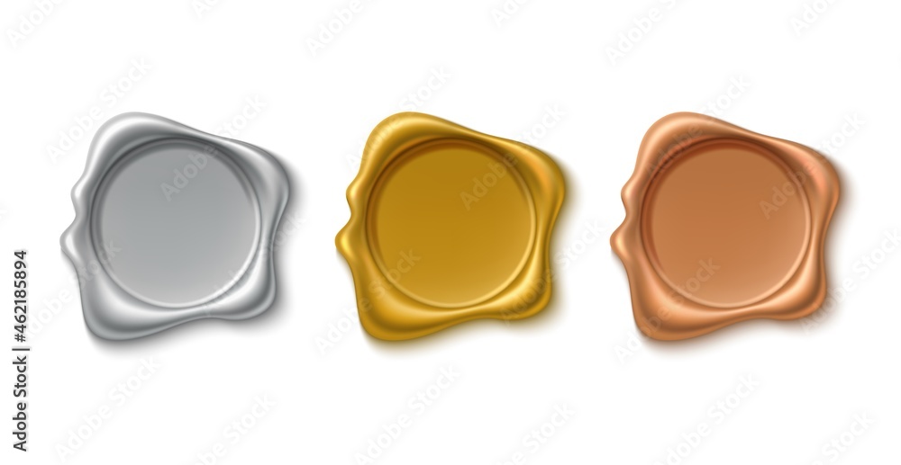 Golden wax stamps. Realistic gold, silver and bronze vintage round guarantee imprints, retro empty quality waxing badges mockup, premium quality emblem, royal letter envelope seals, vector set Golden wax stamps. Realistic gold, silver and bronze vintage round guarantee imprints, retro empty quality waxing badges mockup, premium quality emblem, royal letter envelope seals, vector set