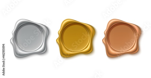 Golden wax stamps. Realistic gold, silver and bronze vintage round guarantee imprints, retro empty quality waxing badges mockup, premium quality emblem, royal letter envelope seals, vector set