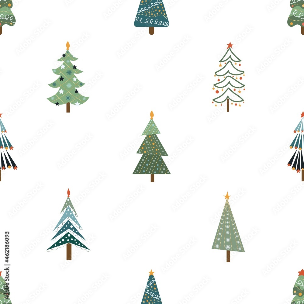 Obraz premium Christmas trees and Christmas tree decorations. New Years design of fabric, packaging, gift paper. Seamless pattern.