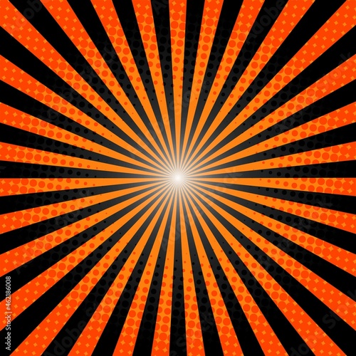 Orange and Black Sunburst Pattern Background. Rays. Sunburst background. Vector illustration. Orange and purple radial Halloween background. Halftone background.