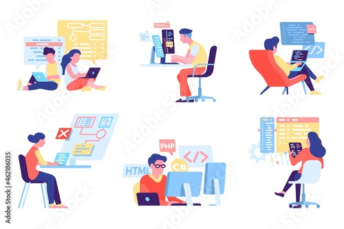 Programmers people. Developers at workplace. HTML and PHP coding. IT technologies activity. Apps and websites engineering. Coders works with software programs. Vector engineers set