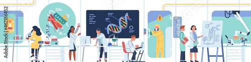 Biologists or chemists laboratory. Technological research center with genetics at work. Scientists study DNA and conduct experiments in lab. Looped panorama. Vector seamless concept