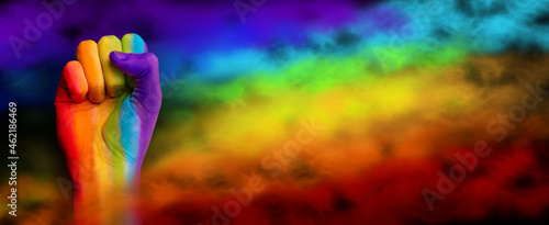 Gay pride concept. Hand drawn with a rainbow. Gay pride lgbt b rainbow flag. Fist symbol LGBT photo