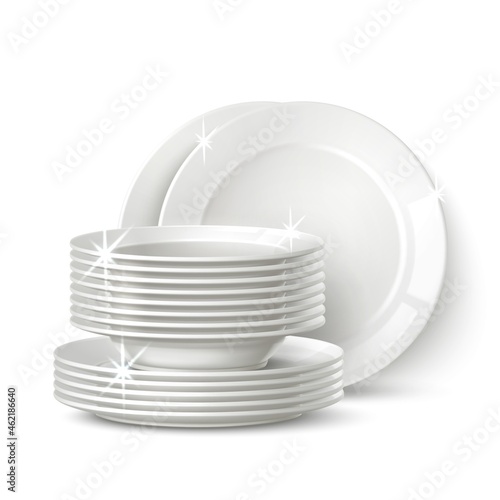 Realistic white plates stack. Clean shining cookware. Porcelain dinnerware. Washed crockery pile. Isolated dining ceramic objects. Empty bowls with light reflection. Vector utensil concept