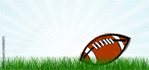 Cartoon, comic American football on green grass field. Sport team game cup. Rugby ball day. Funny super bowl weekend party. USA, sport finale, school games or on street. Vector summer background