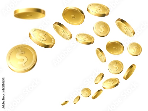 Flying golden coins. Realistic gold money, flow dollar cents, winning casino jackpot, cash yellow money, business profit, investment income, isolated on white background vector 3d concept
