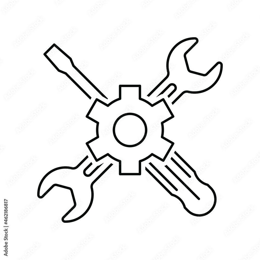Repair icon. Crossed wrench and screwdriver with gear. Black service icon. Vector illustration. Repair icon. Crossed wrench and screwdriver with gear. Black service icon. Vector illustration.