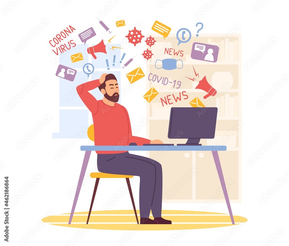 Information noise. Panicked man read news with negative info flows about pandemic. Depressed person works at computer. Social media spam and propaganda. Media spread. Vector concept Information noise. Panicked man read news with negative info flows about pandemic. Depressed person works at computer. Social media spam and propaganda. Media spread. Vector concept