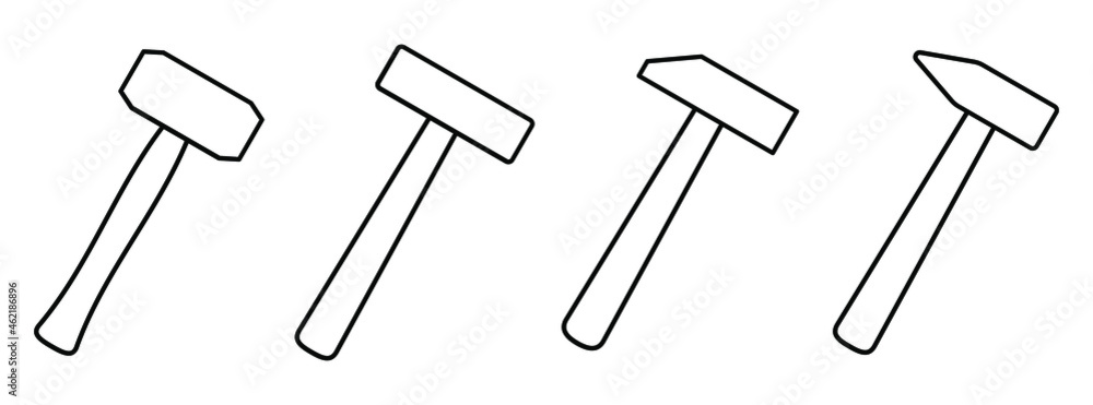 Hammer icon. Vector illustration. Set of black linear hammer icons. Hammer icon. Vector illustration. Set of black linear hammer icons.