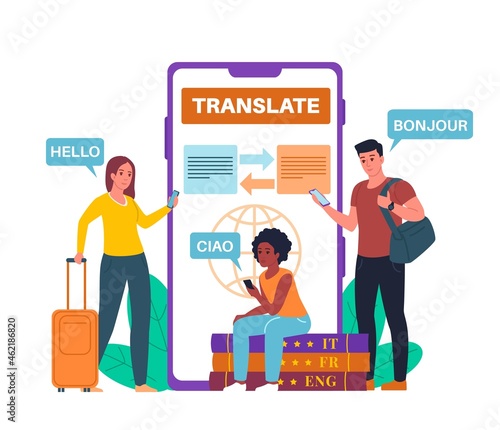 Online translator chat. Multilingual mobile app. People speak many languages and understand each other. Foreign speech translation. Tourism and study. Vector international communication